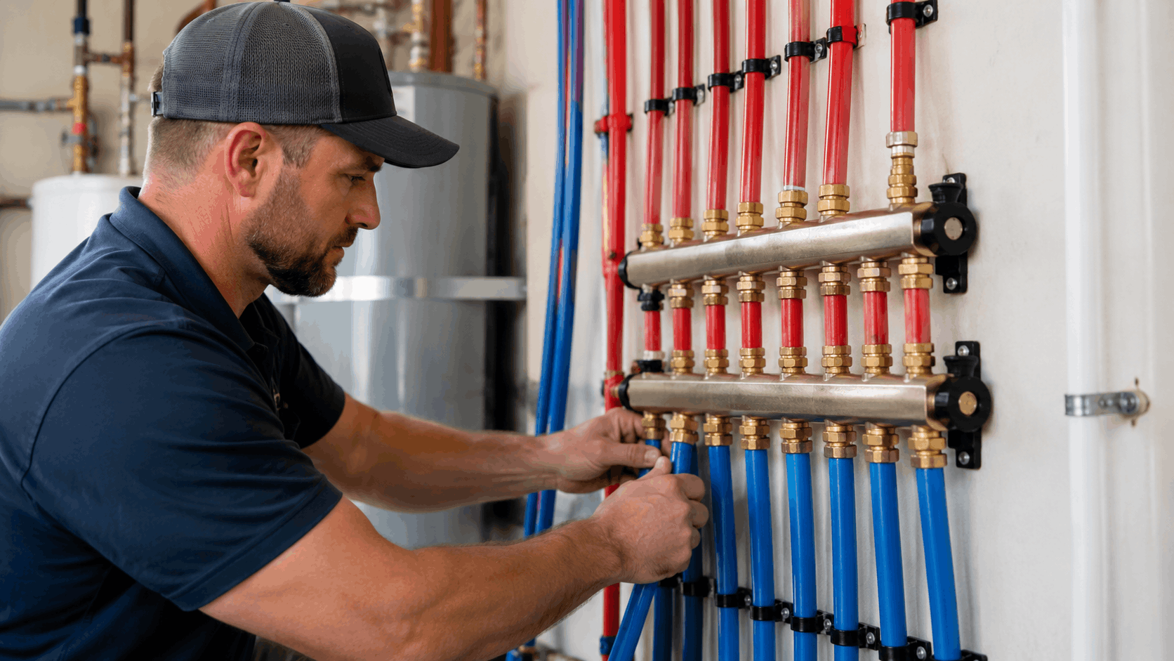 Plumber installing red and blue PEX pipe manifold system in Las Vegas utility room
