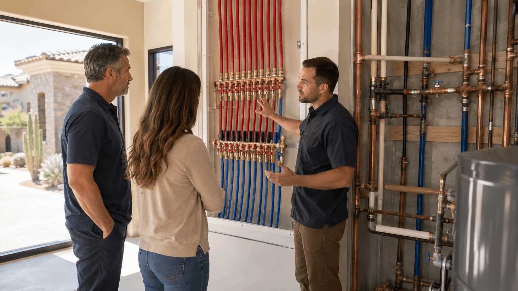 Plumber explaining home plumbing manifold system with red and blue pipes to homeowners
