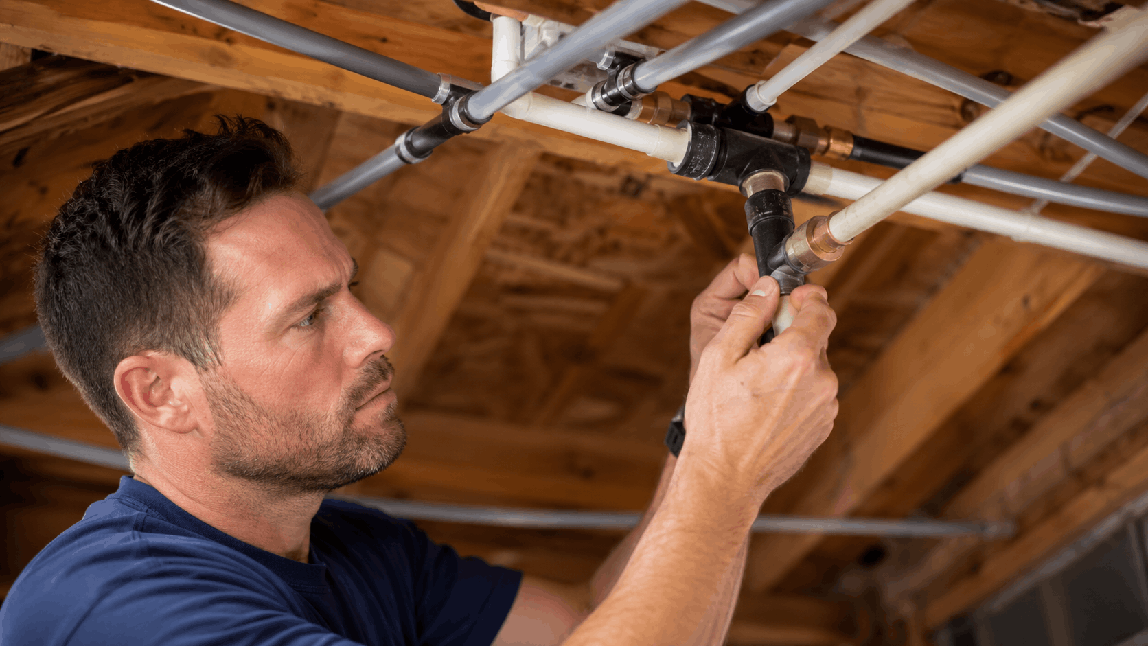 Licensed plumber installing overhead pipe fittings in Las Vegas home basement