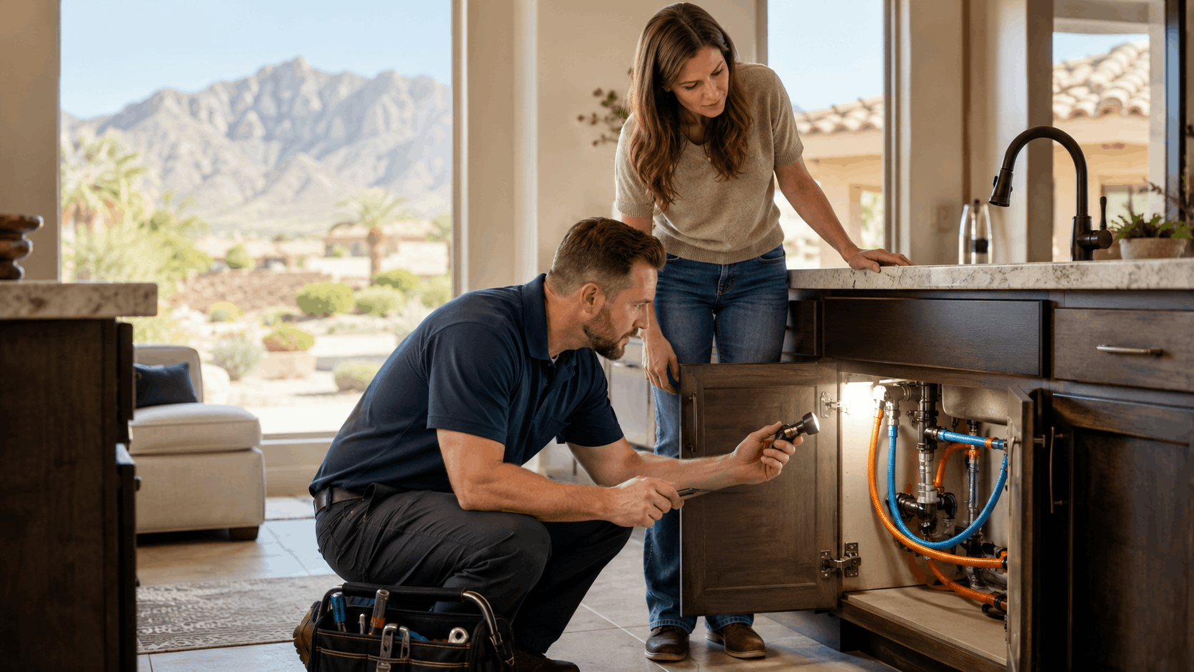 Las Vegas plumber inspecting under-sink pipes with homeowner in desert home
