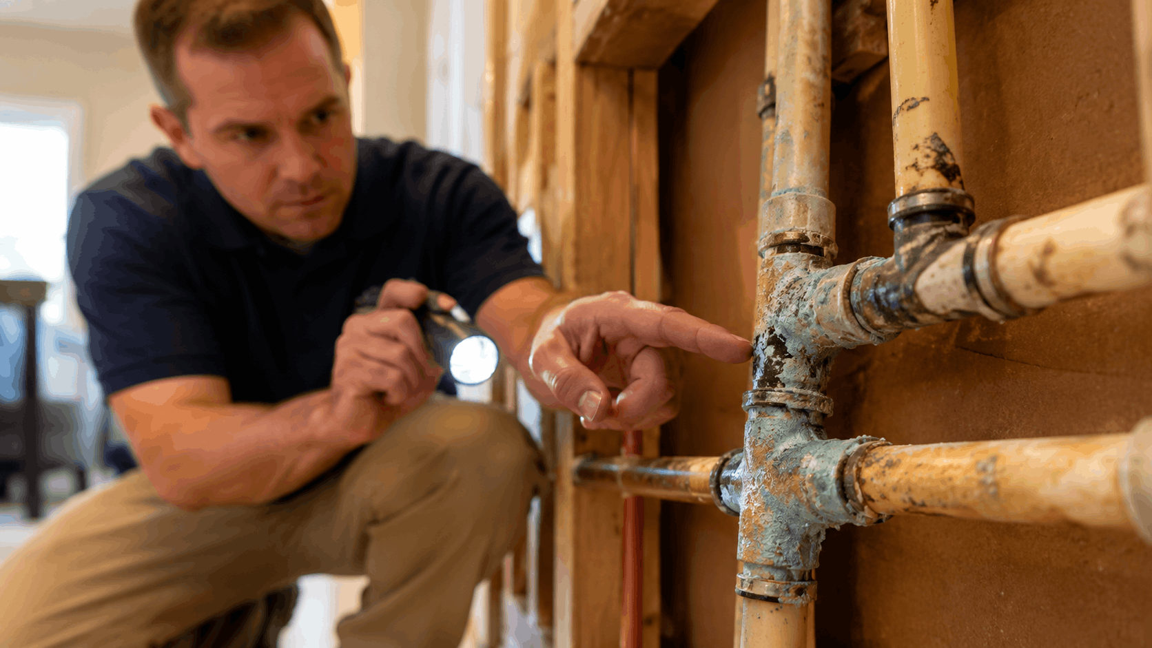 Las Vegas plumber inspecting corroded pipes with flashlight inside open wall cavity