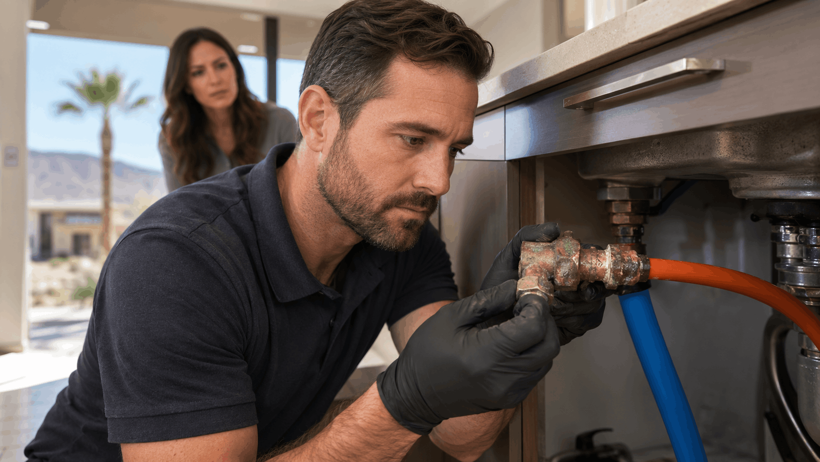 Plumber inspecting corroded Kitec plumbing fittings under kitchen sink in Las Vegas home