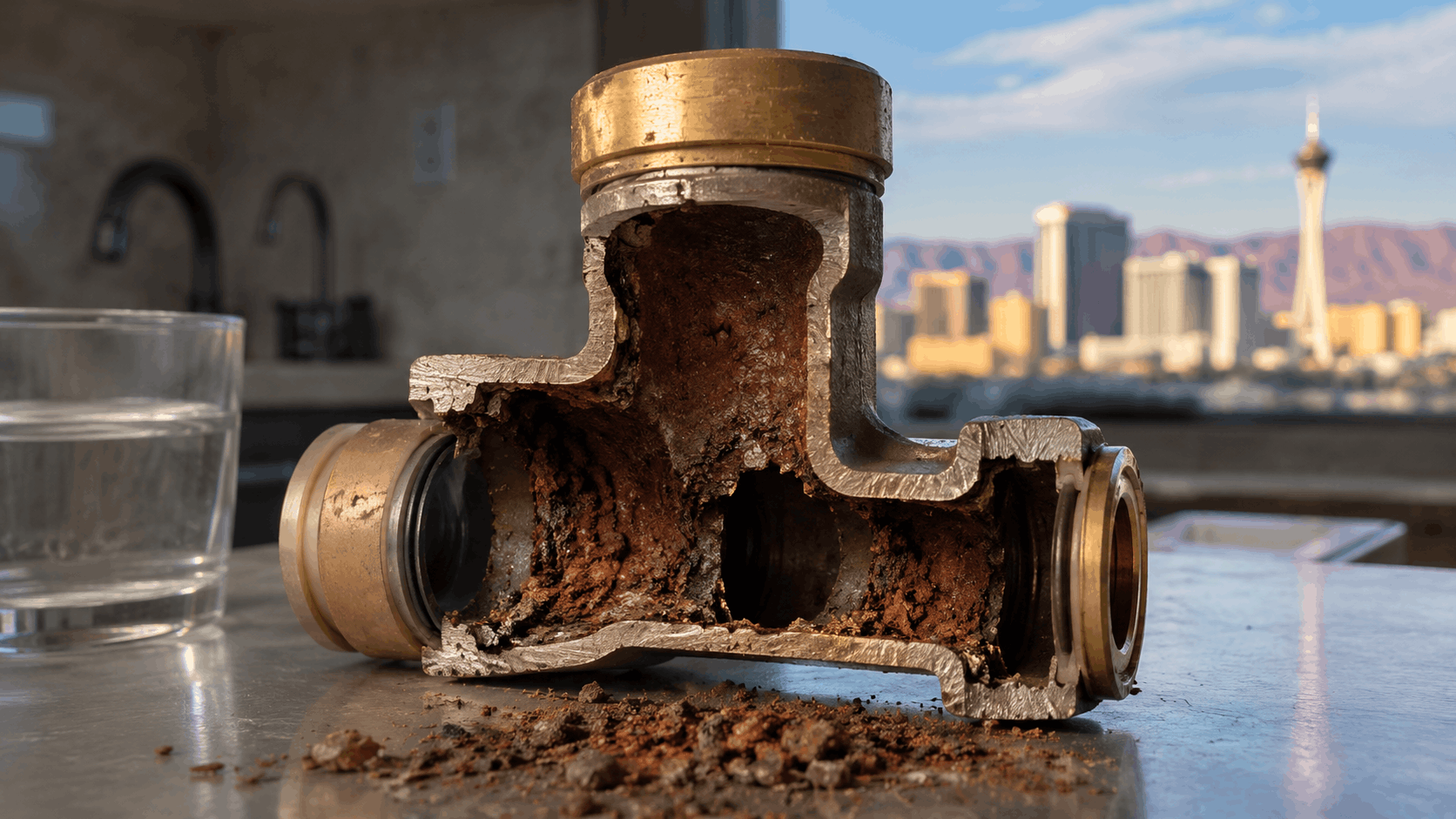 Heavily corroded cross-section pipe fitting with mineral buildup, Las Vegas skyline background