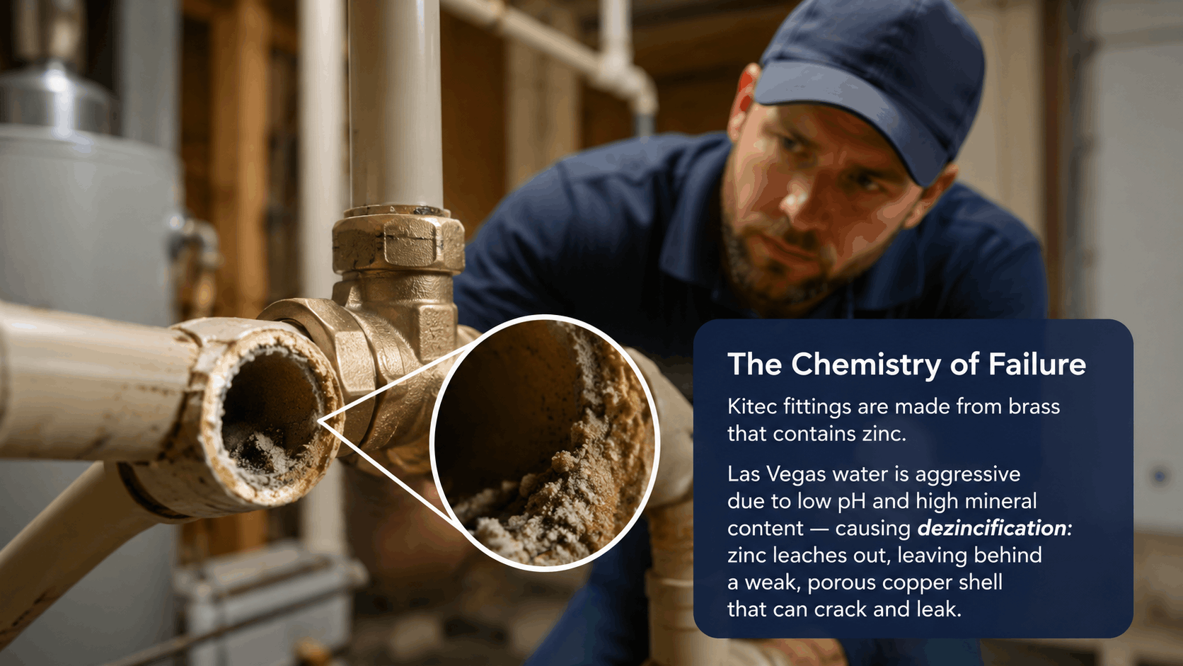 Plumber inspecting dezincified Kitec brass fitting with mineral buildup and corrosion damage