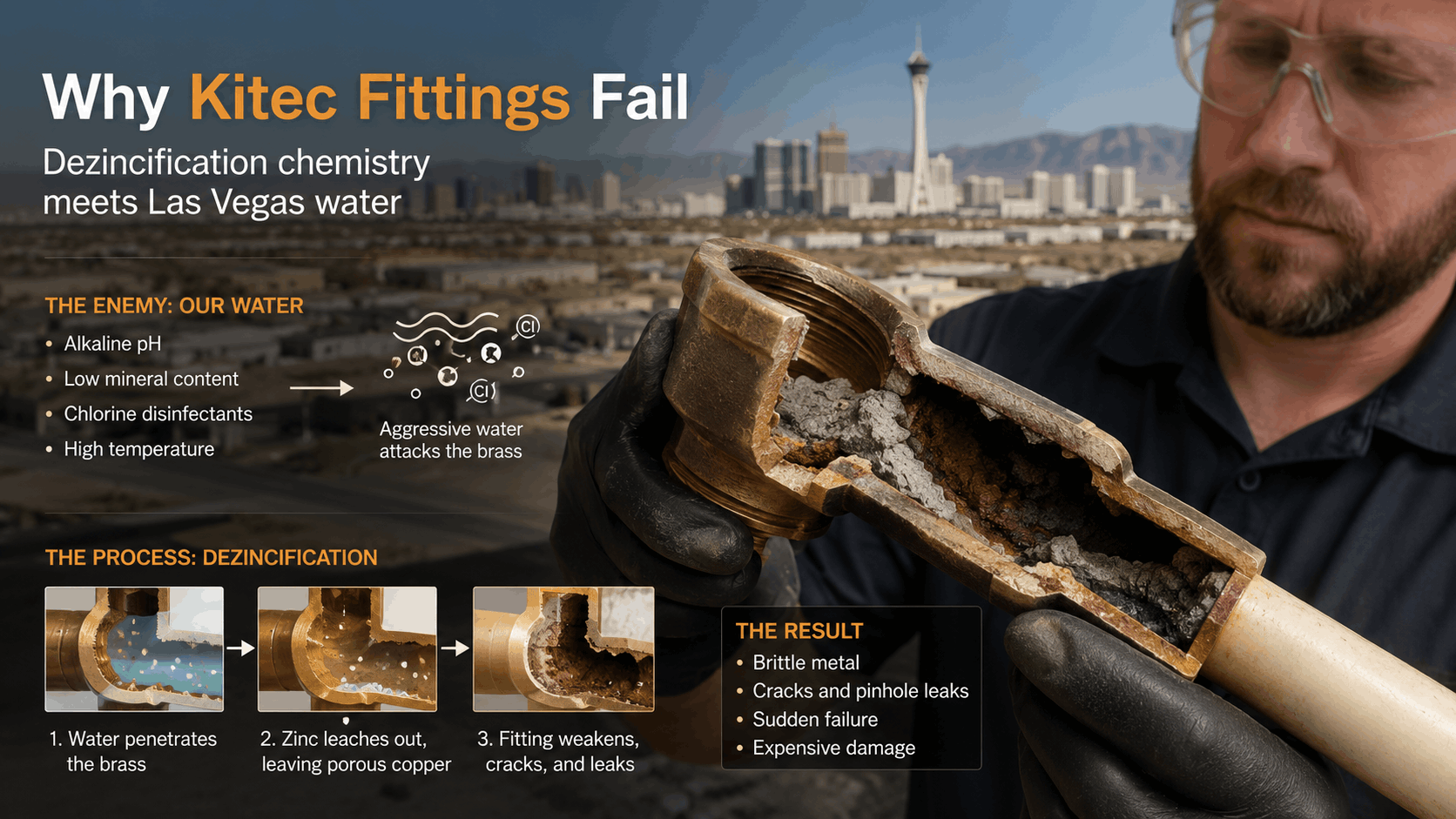 Plumber inspecting severely corroded Kitec brass fitting showing dezincification damage in Las Vegas