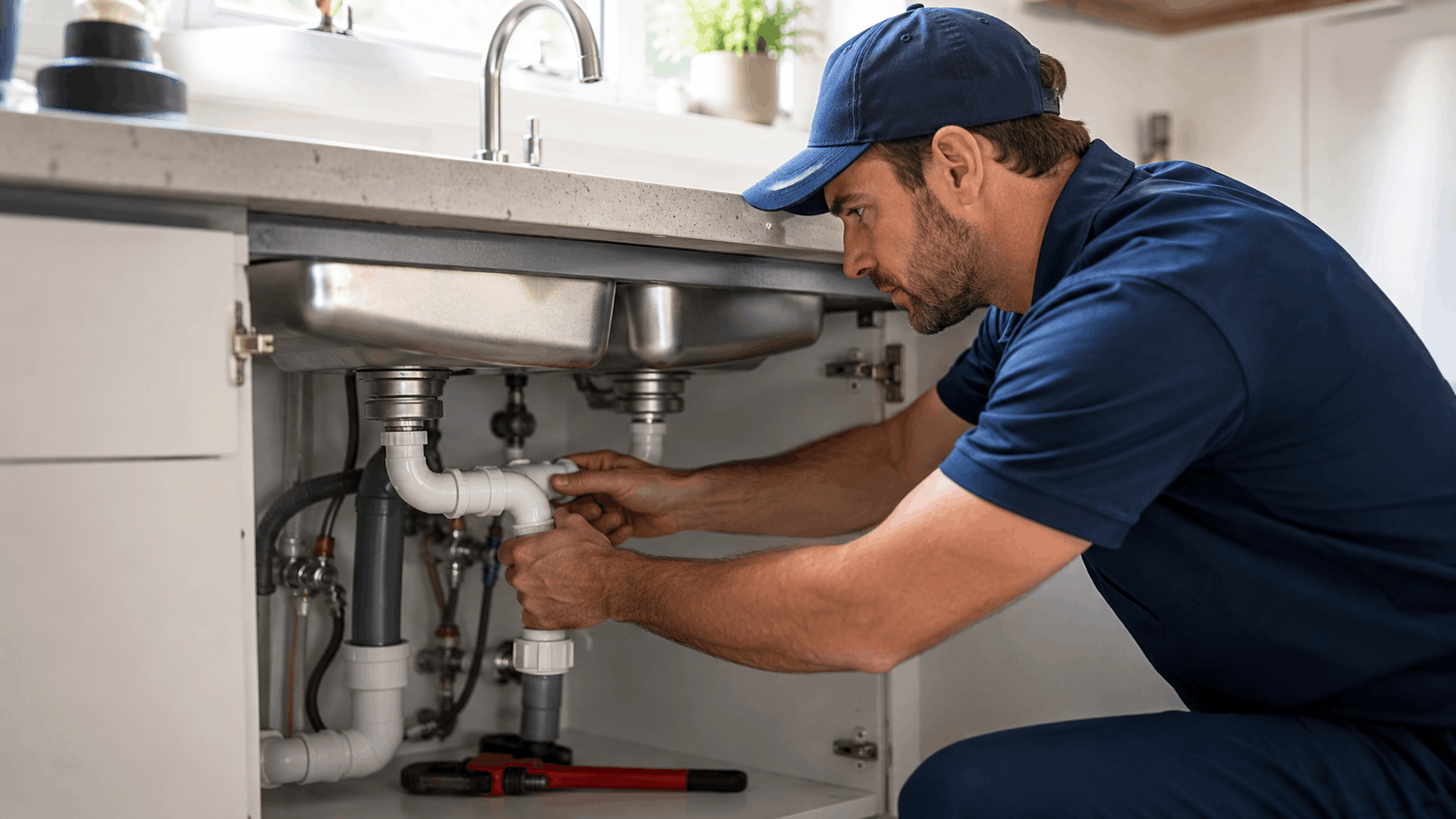 Licensed plumber repairing kitchen sink drain pipes under cabinet in Las Vegas home