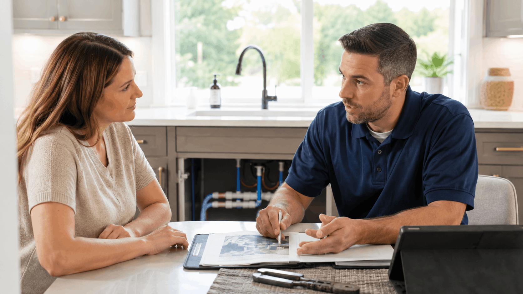 Plumber reviewing pipe installation documents with homeowner at kitchen counter