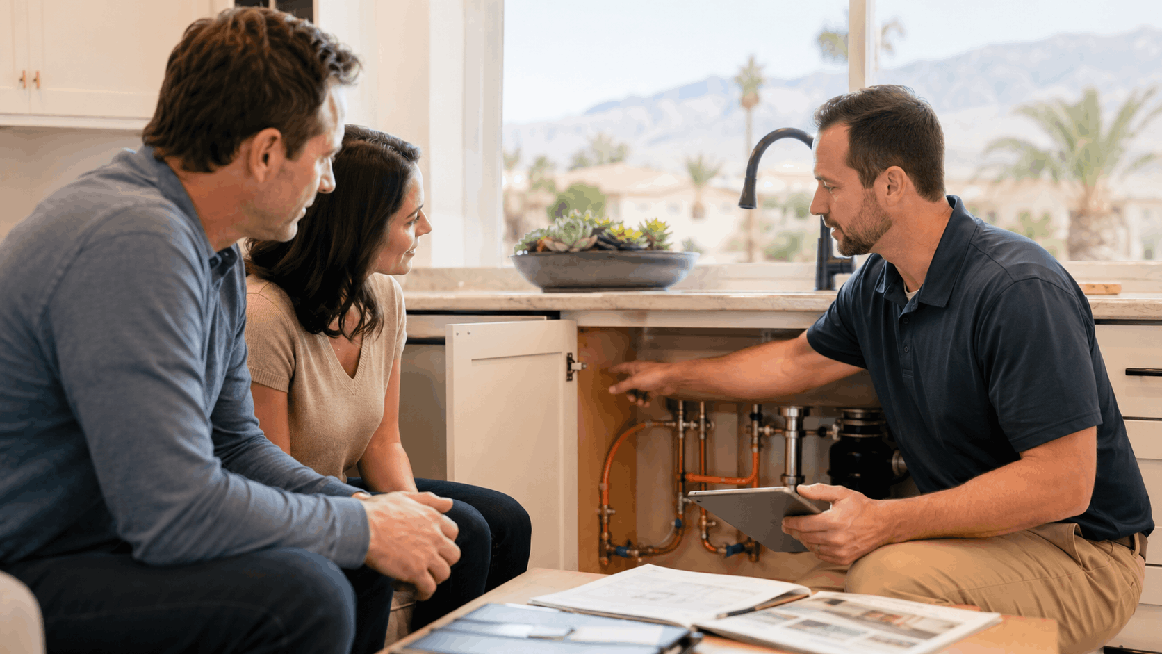 Plumber showing Las Vegas homeowners under-sink plumbing pipes during kitchen consultation