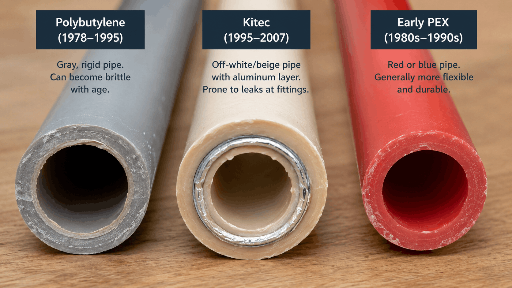 Three plumbing pipe types used in Las Vegas homes: polybutylene, Kitec, and early PEX