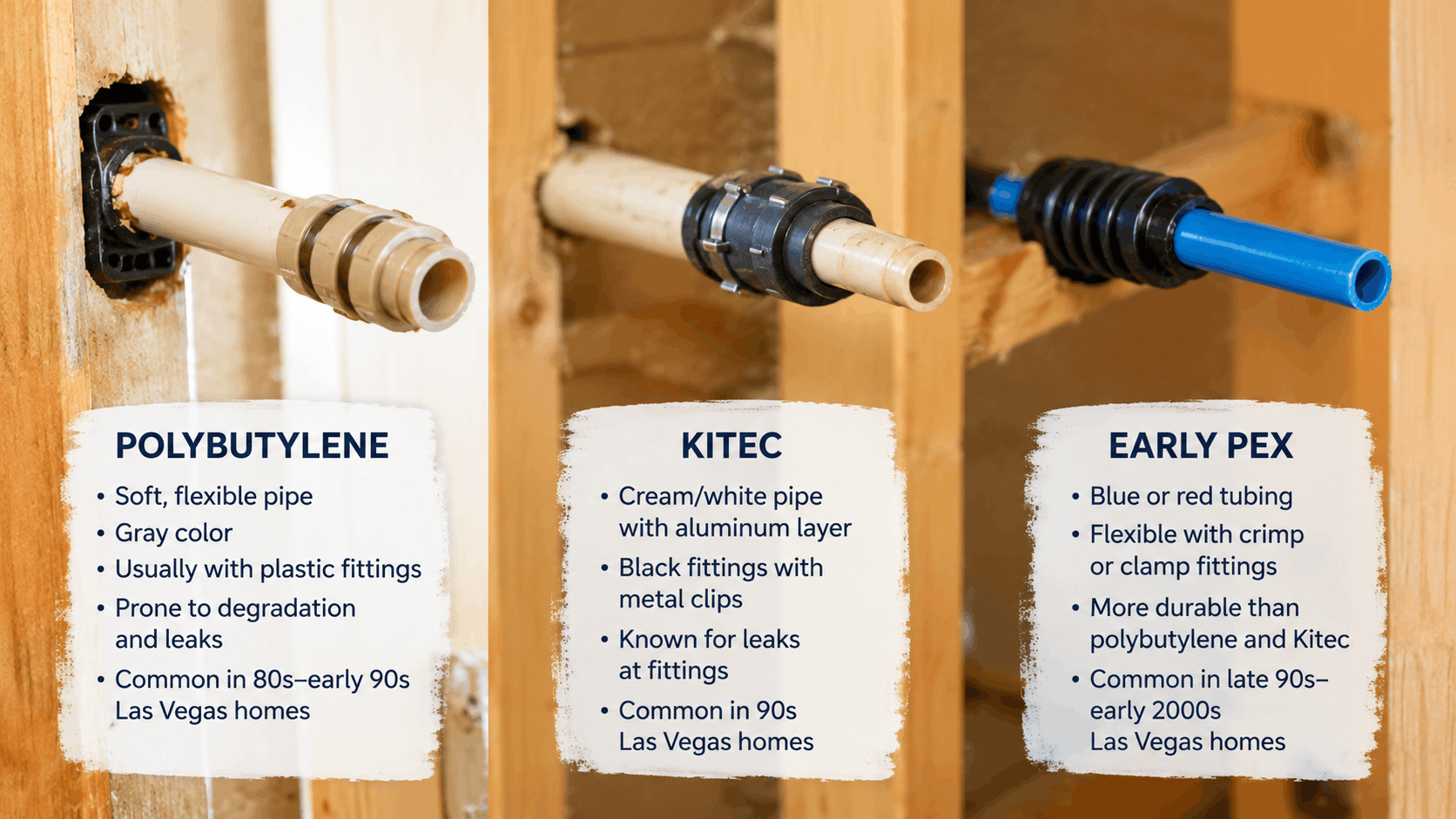 Comparison of Kitec, polybutylene, and early PEX plumbing pipes in Las Vegas homes
