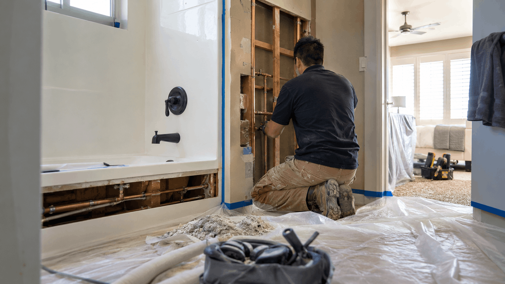 Plumber repiping copper pipes in open bathroom wall during Las Vegas home renovation