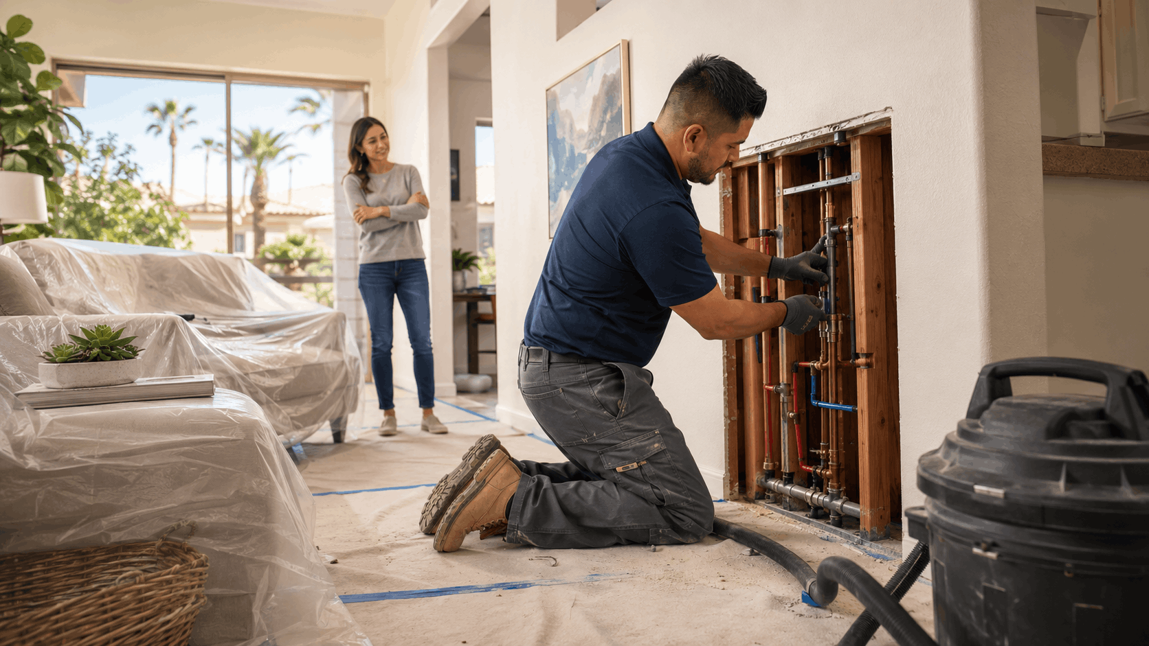 Las Vegas plumber repairing pipes inside open wall while homeowner watches