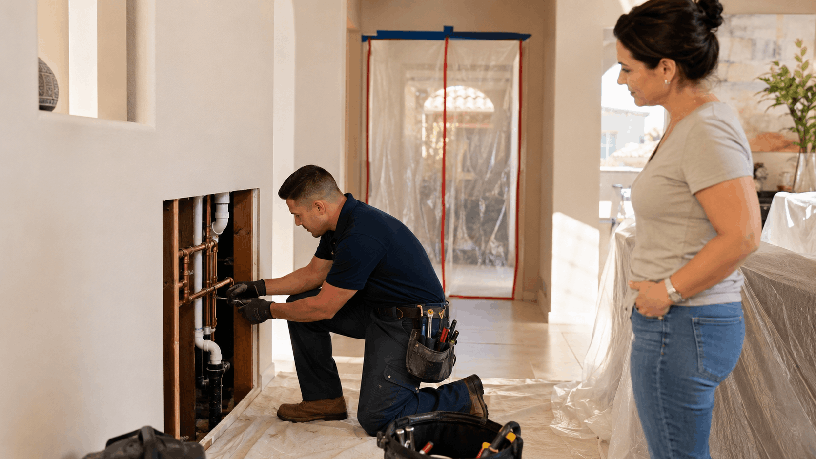 Las Vegas plumber repiping copper pipes in wall opening while homeowner watches