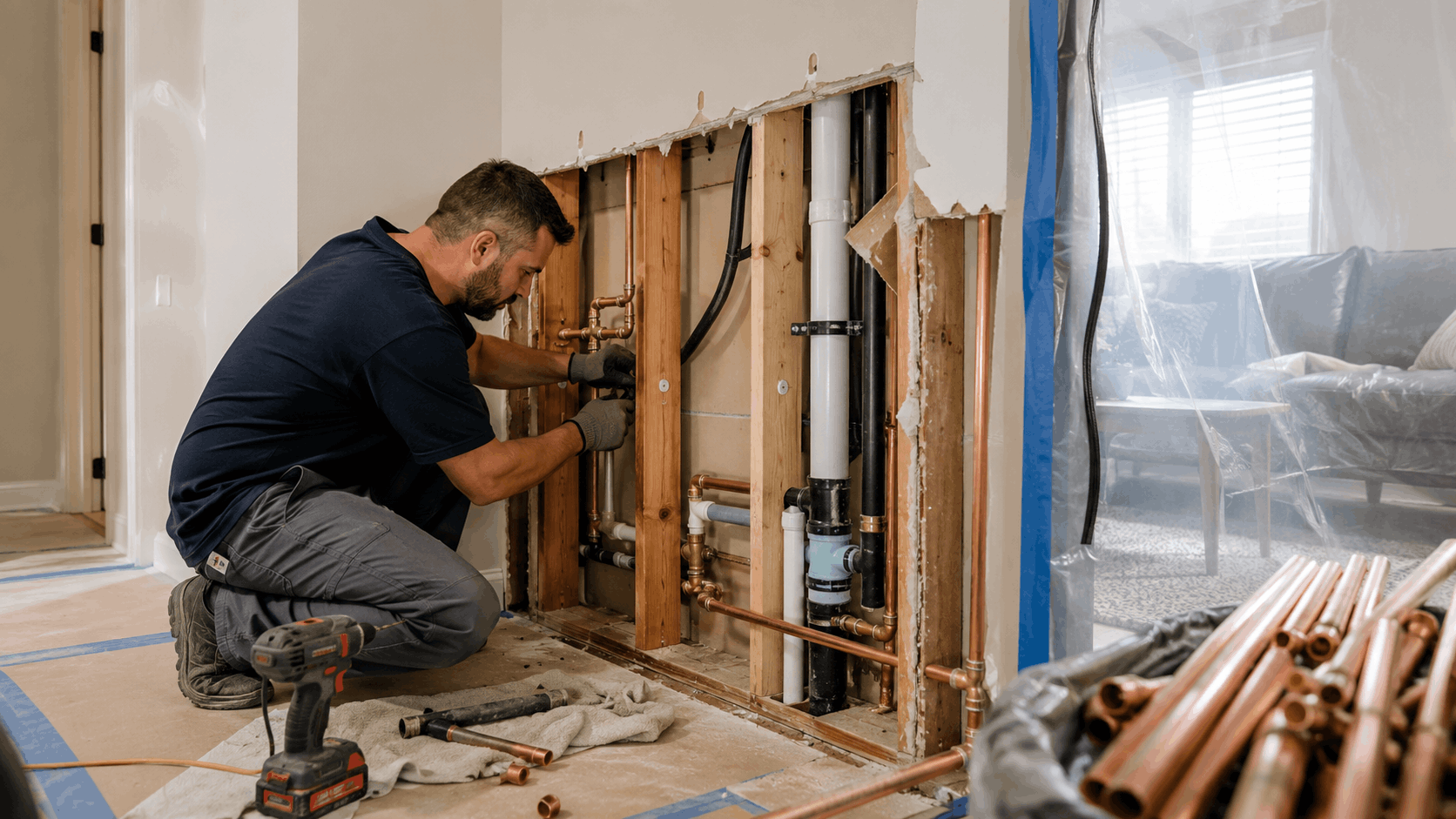 Plumber installing copper pipes inside open wall during Las Vegas home repipe project