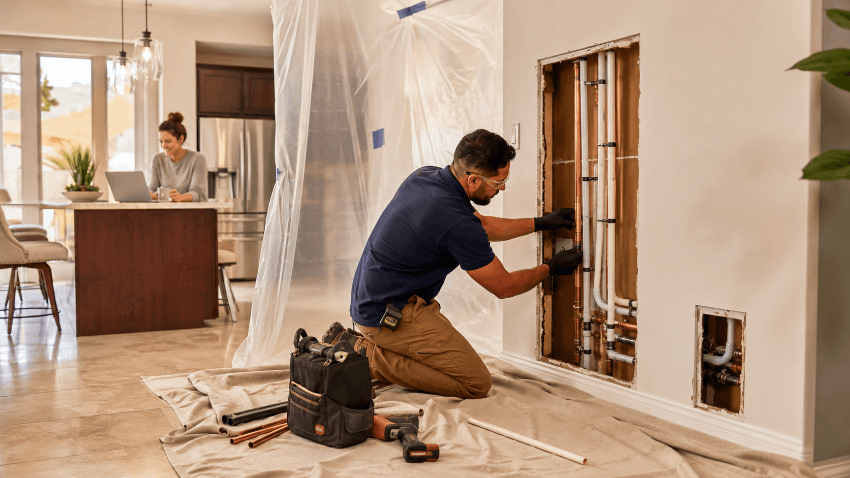 Licensed Las Vegas plumber repairing copper pipes inside opened drywall at residential home