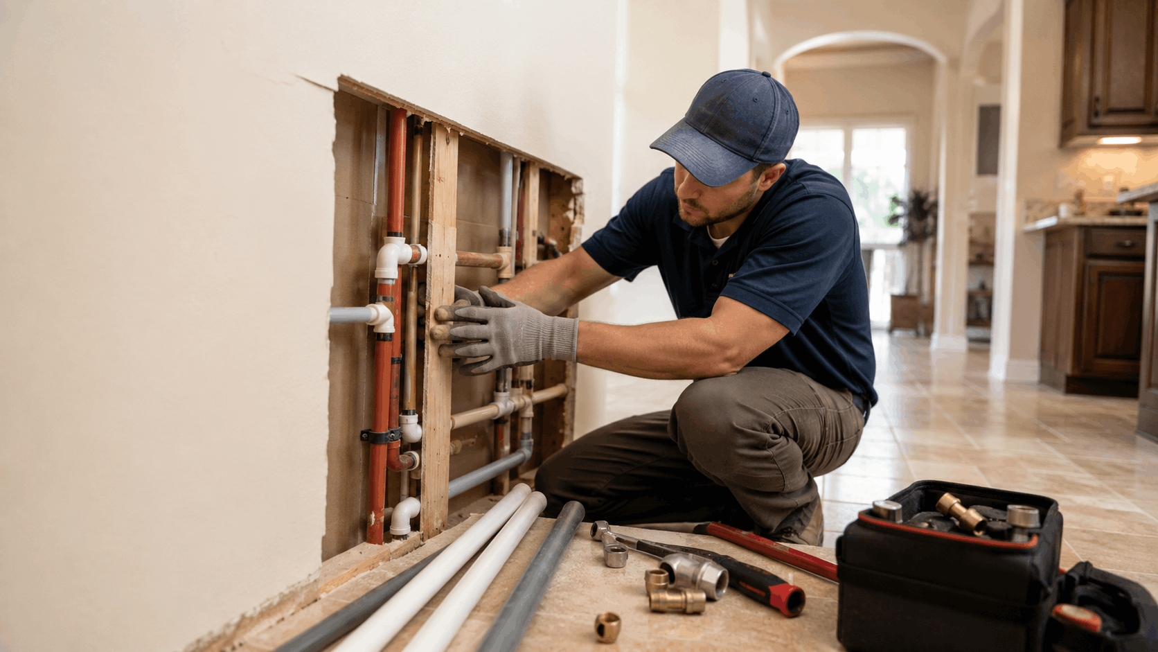 Plumber repairing Kitec pipe system inside open wall cavity in Las Vegas home