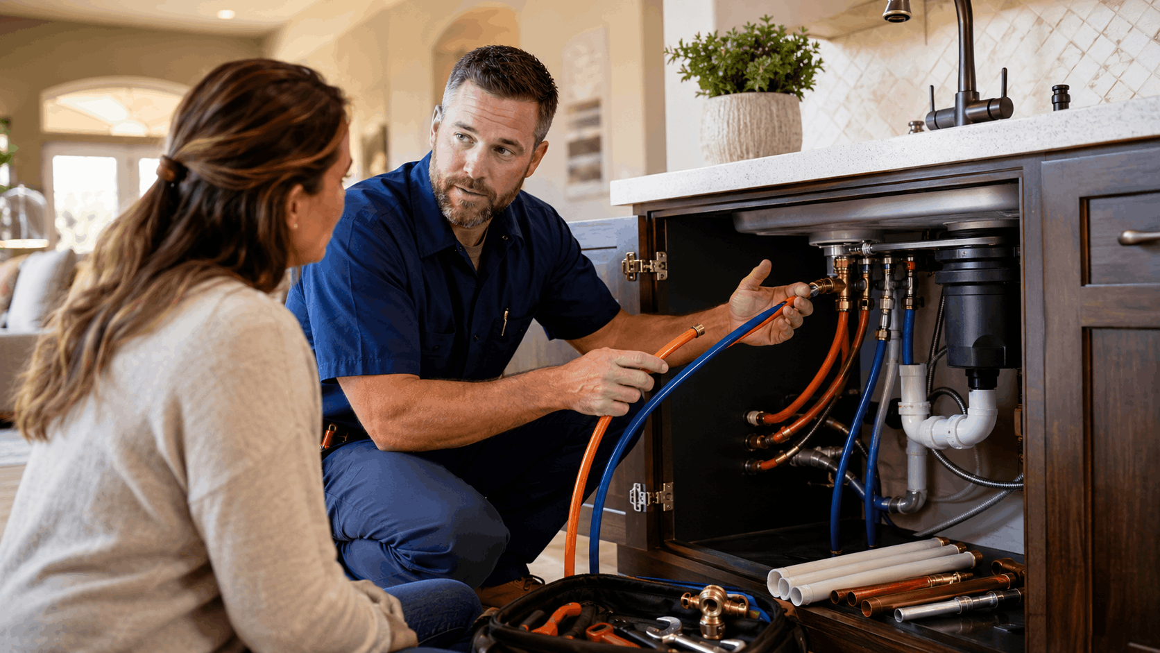 Plumber explaining Kitec pipe connections under kitchen sink to homeowner in Summerlin