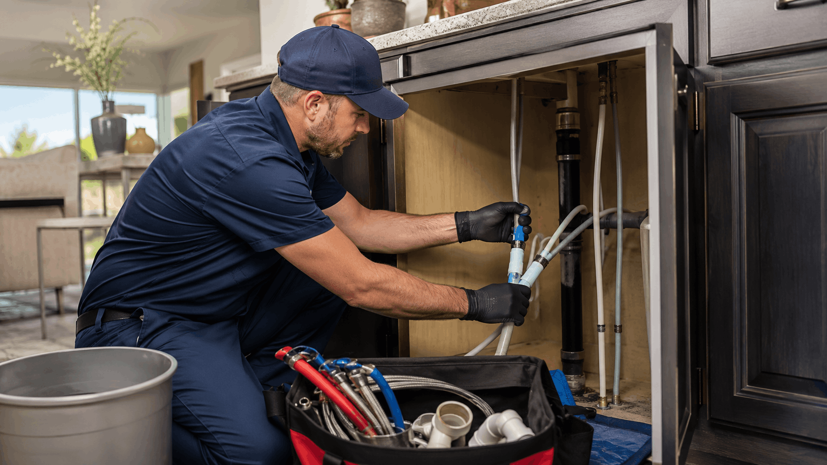 Professional plumber repairing under-sink pipes in a Summerlin Las Vegas home