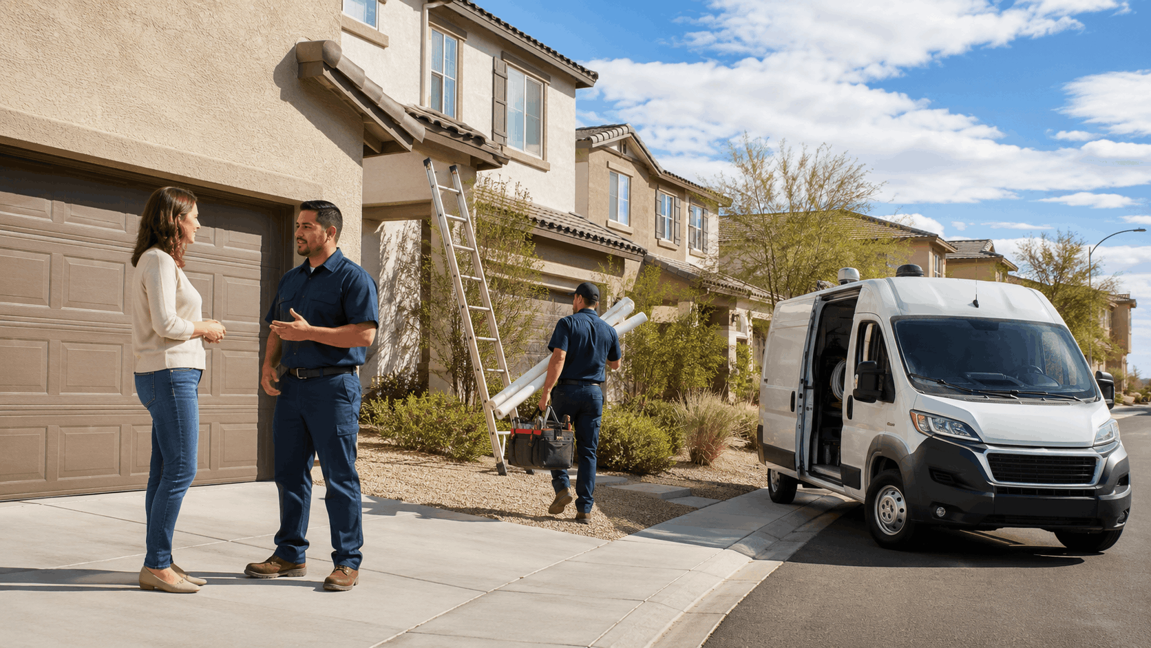Plumber consulting homeowner outside Las Vegas suburban home before repiping service