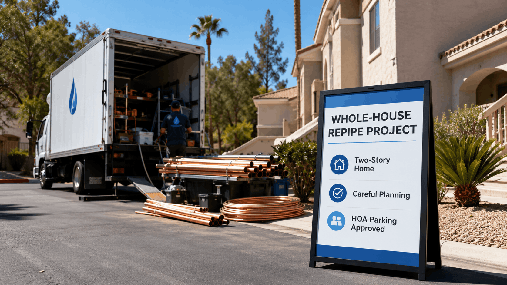 Whole-house repipe project truck unloading copper pipes at two-story Las Vegas home