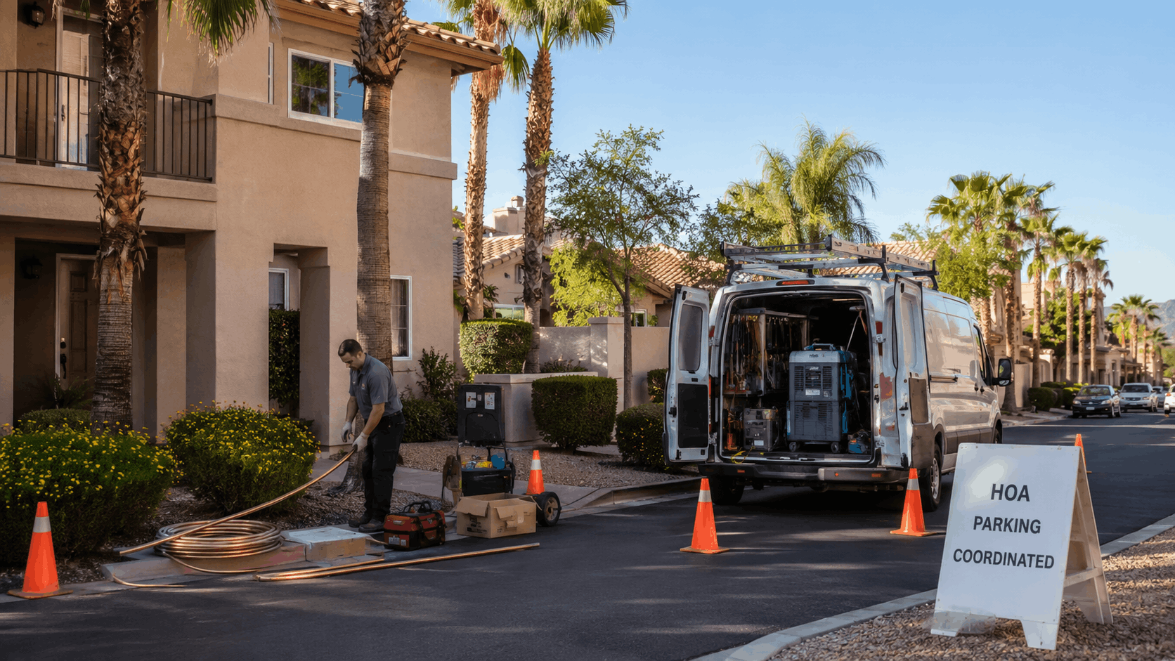Plumbing technician uncoiling hose from service van at Las Vegas HOA community
