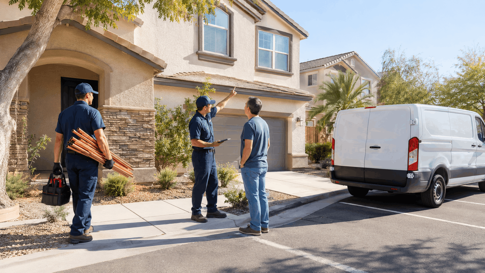 Las Vegas plumbers carrying copper pipes consulting homeowner outside suburban home with service van