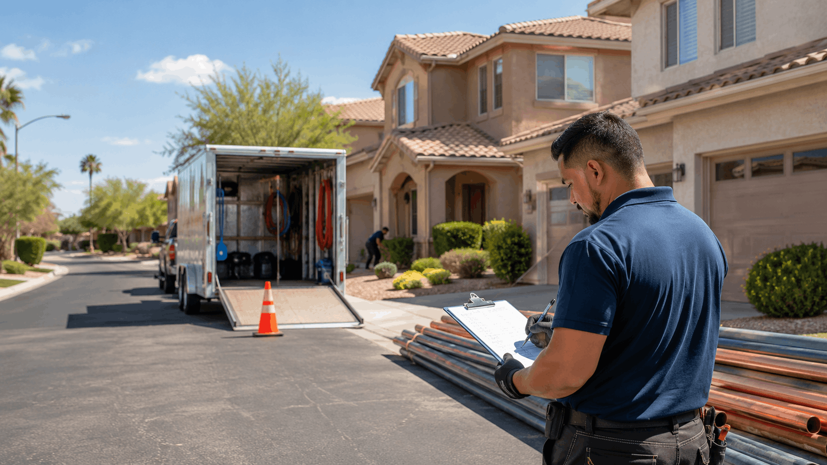 Las Vegas plumber reviewing clipboard beside copper pipes and service trailer at residential home