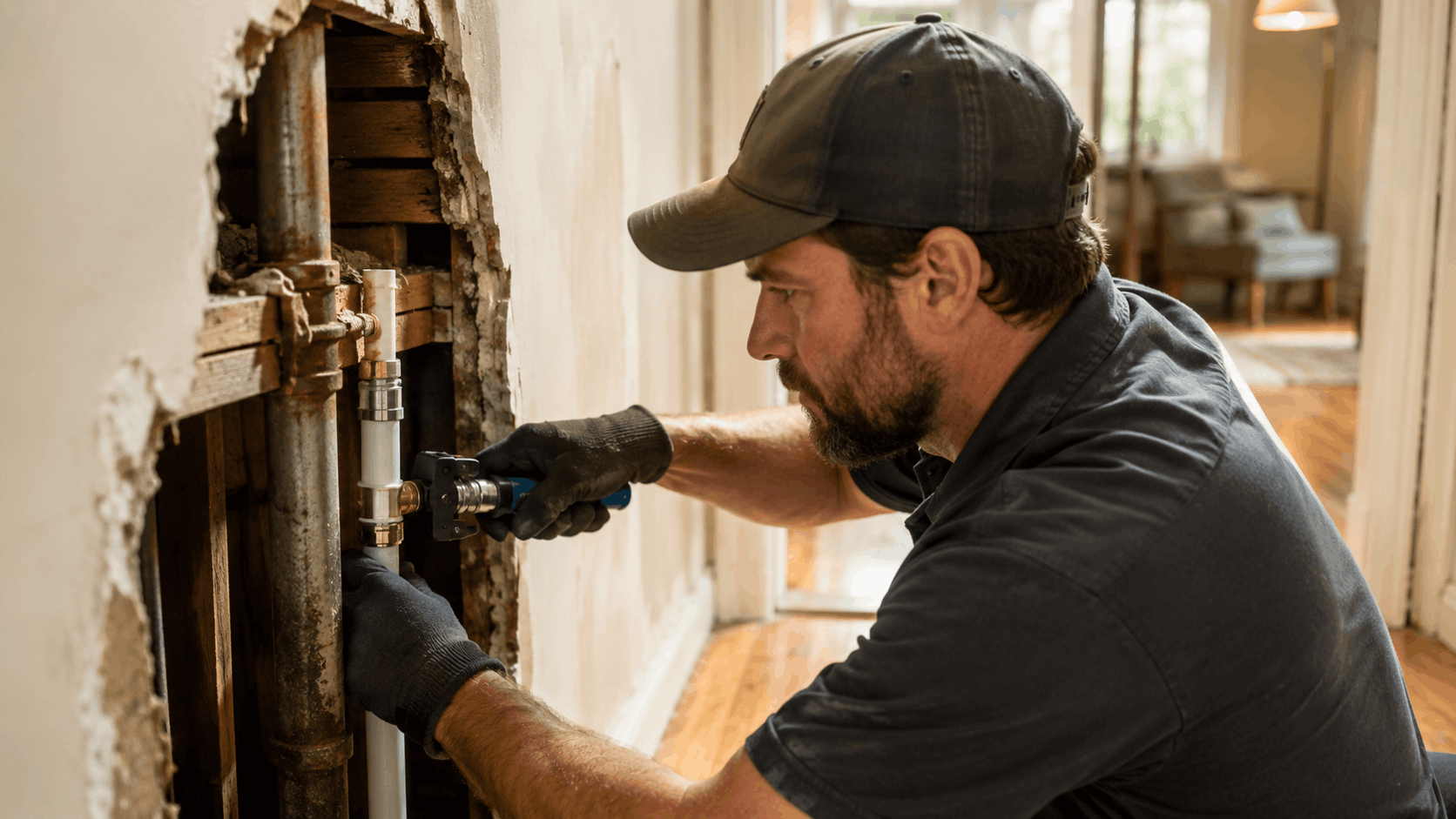Plumber repairing galvanized pipes inside historic Las Vegas home wall opening