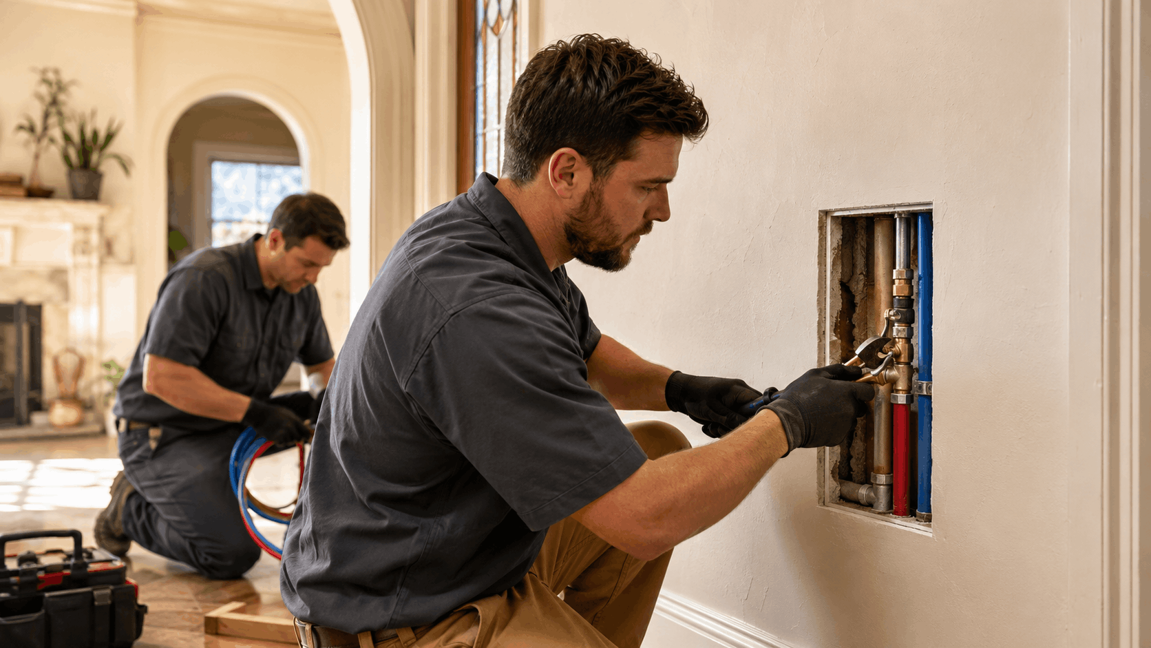 Two plumbers repiping water supply lines inside original plaster walls Las Vegas home