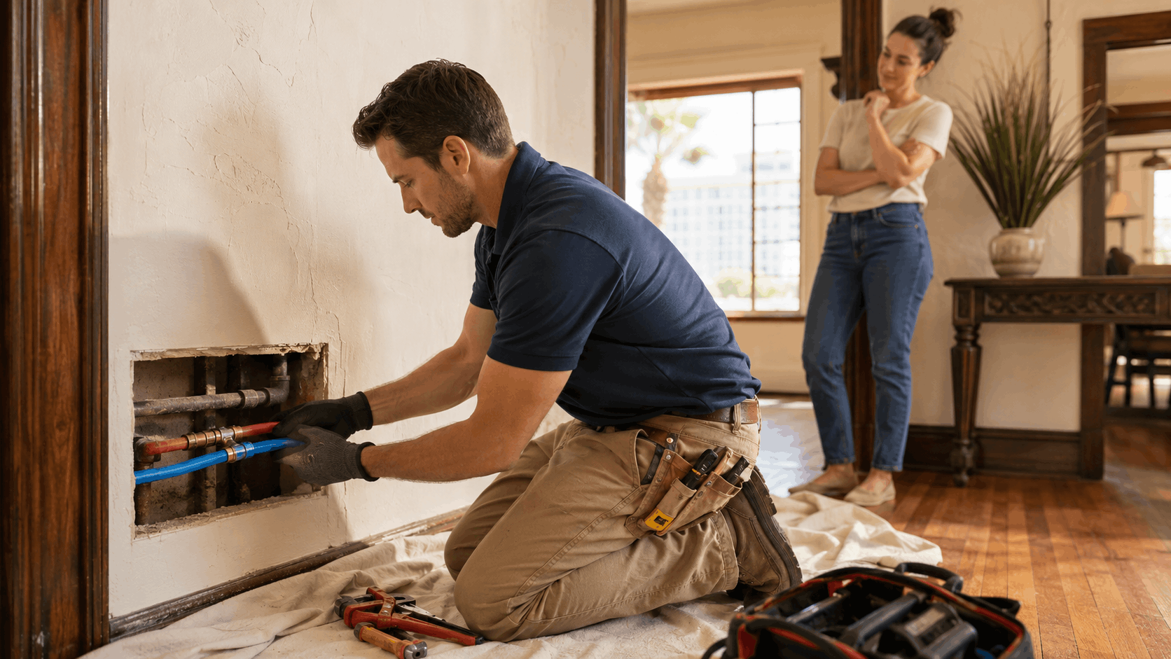 Plumber replacing galvanized pipes with blue PEX tubing while homeowner watches nearby