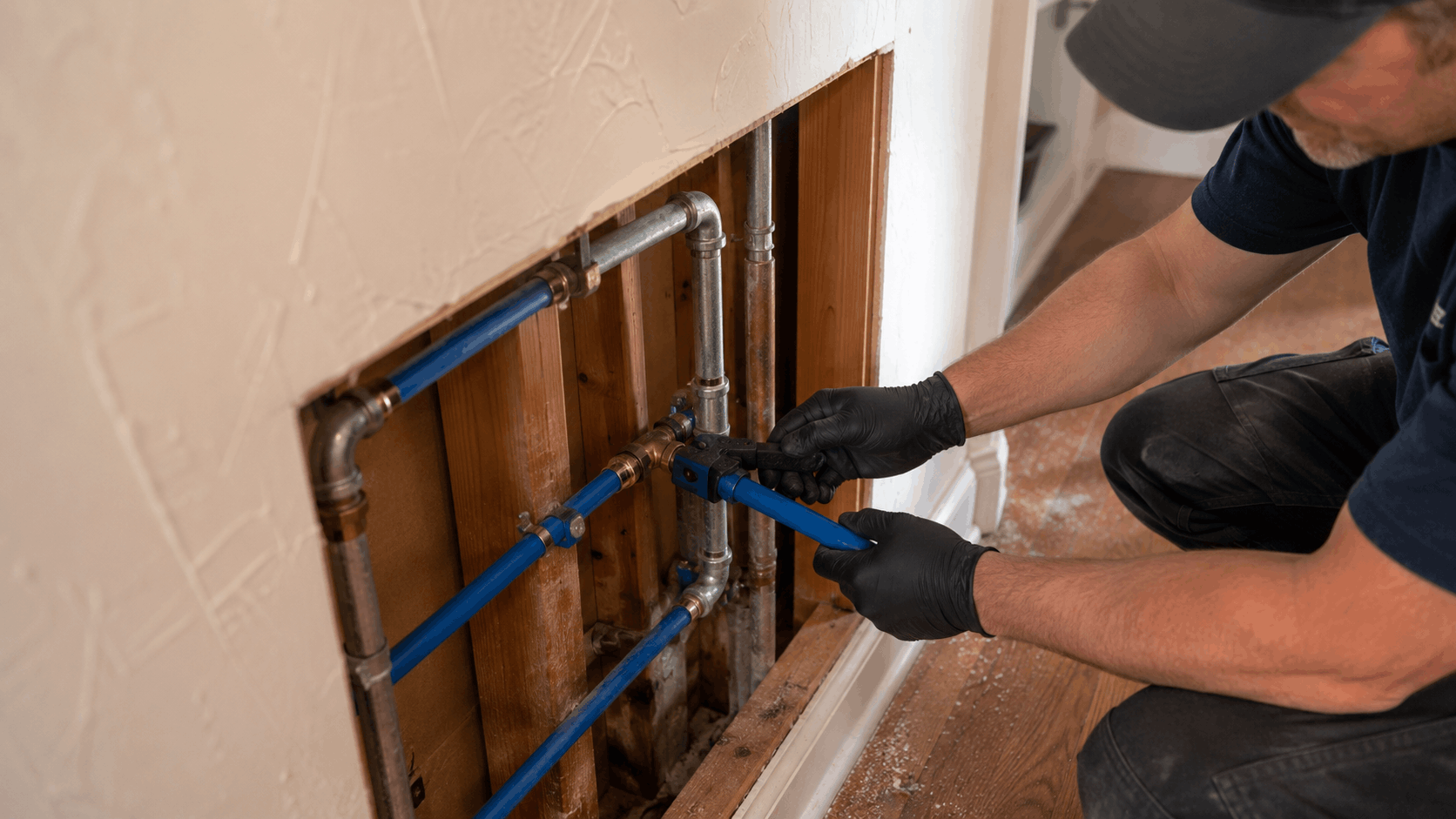 Plumber repiping historic home walls with blue PEX pipes replacing old galvanized plumbing
