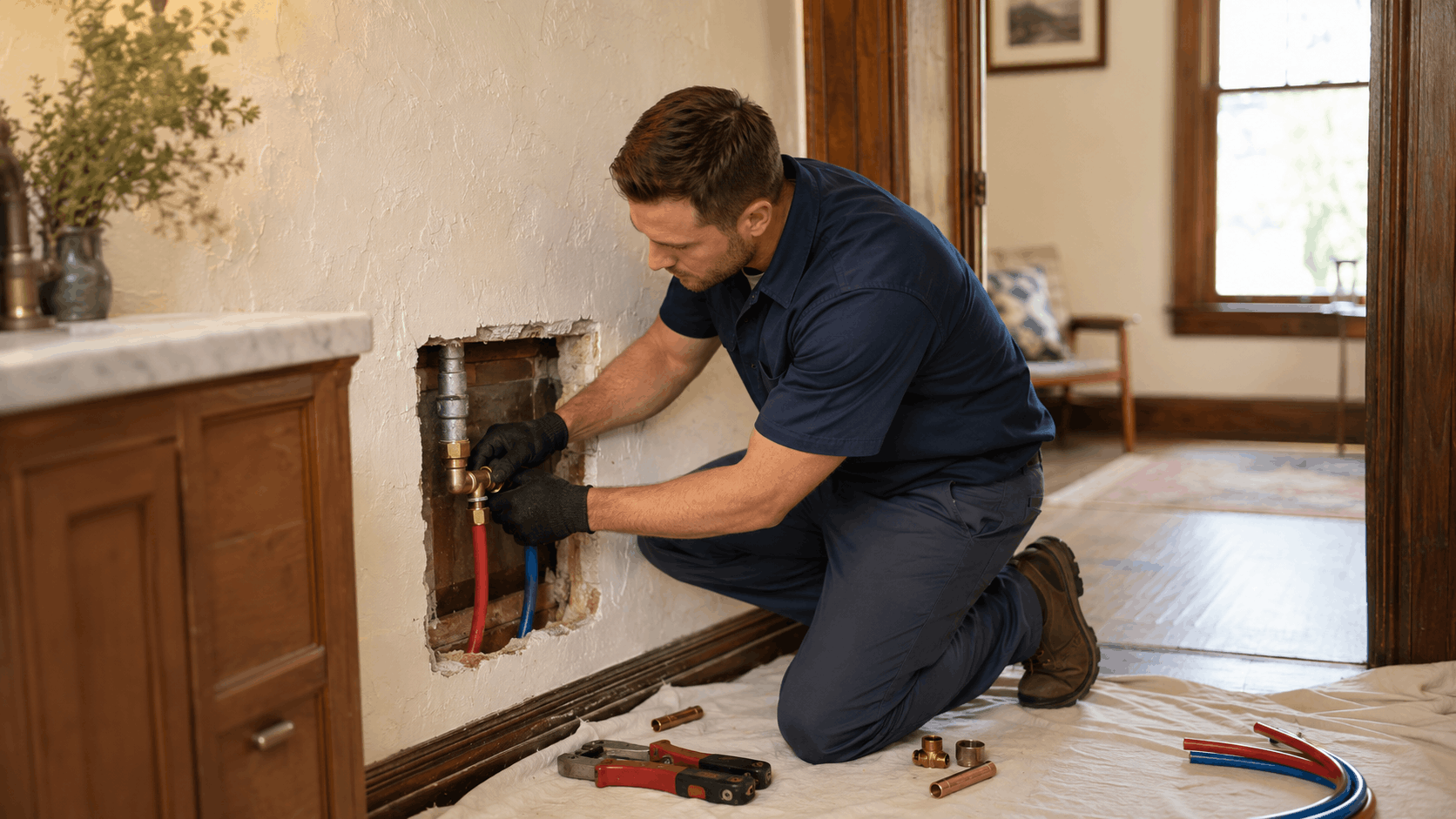 Licensed Las Vegas plumber repairing pipe connections inside opened bathroom wall