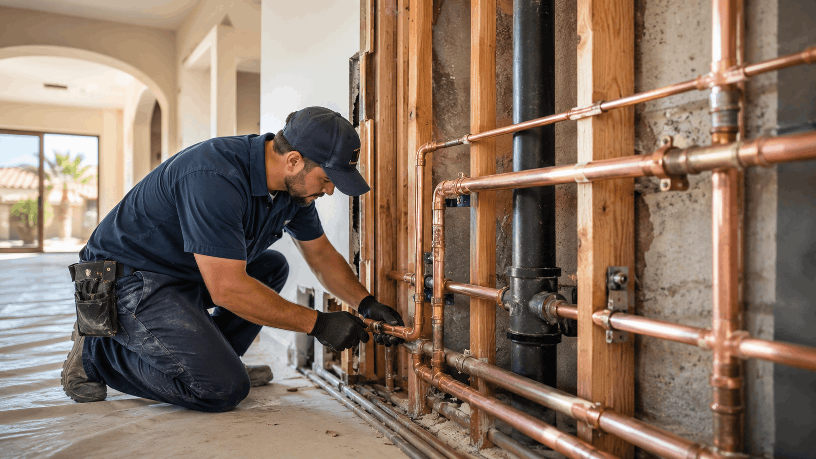 Licensed plumber installing copper pipes in open wall during Las Vegas home renovation
