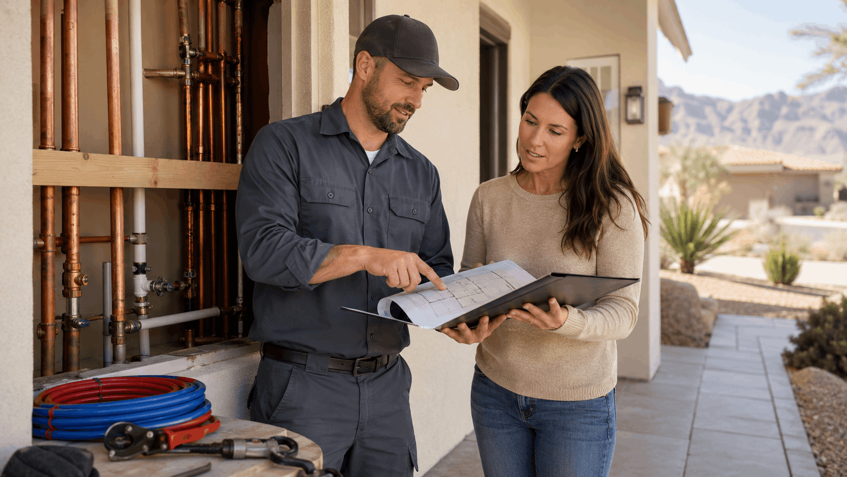 Plumber reviewing pipe blueprint with homeowner beside copper plumbing system Las Vegas