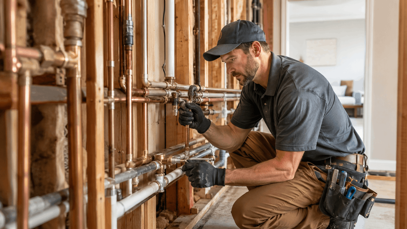 Licensed Las Vegas plumber installing copper pipes in residential wall during renovation