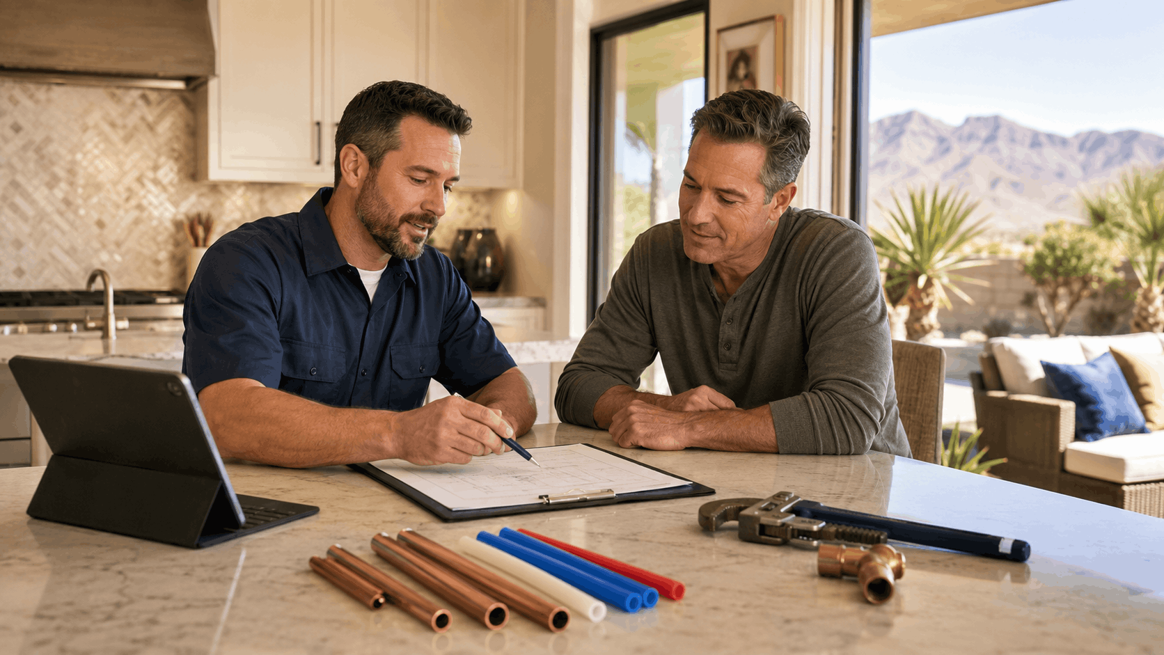 Las Vegas plumber reviewing pipe installation plans with homeowner at kitchen counter