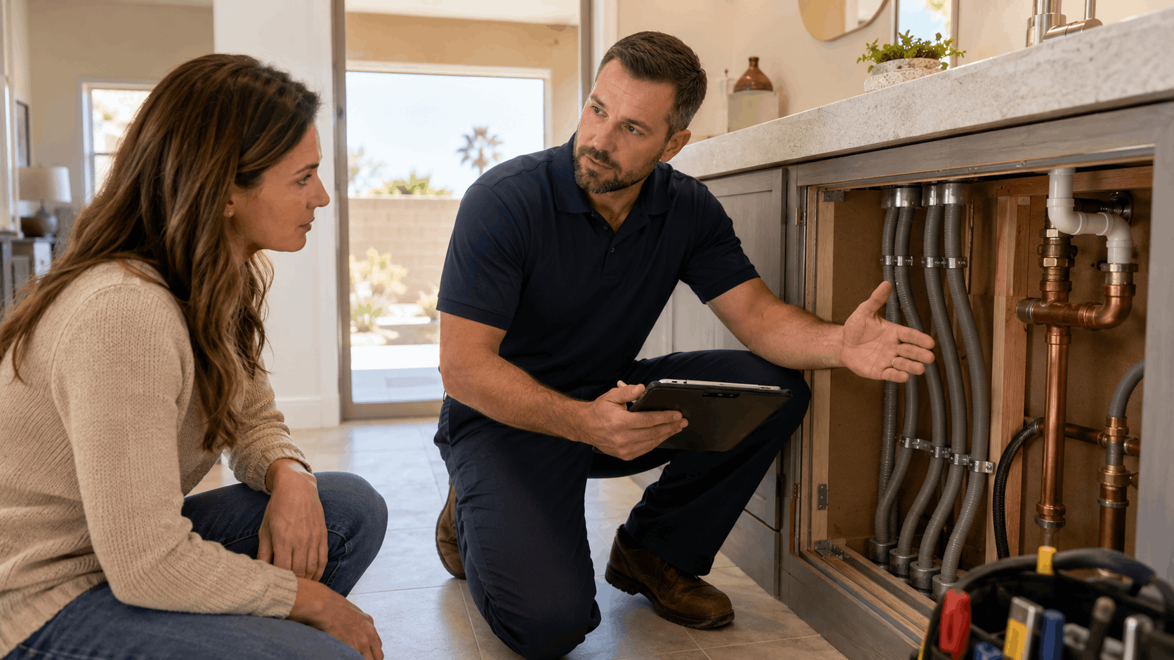 Plumber showing homeowner Kitec plumbing pipes under kitchen sink in Las Vegas home
