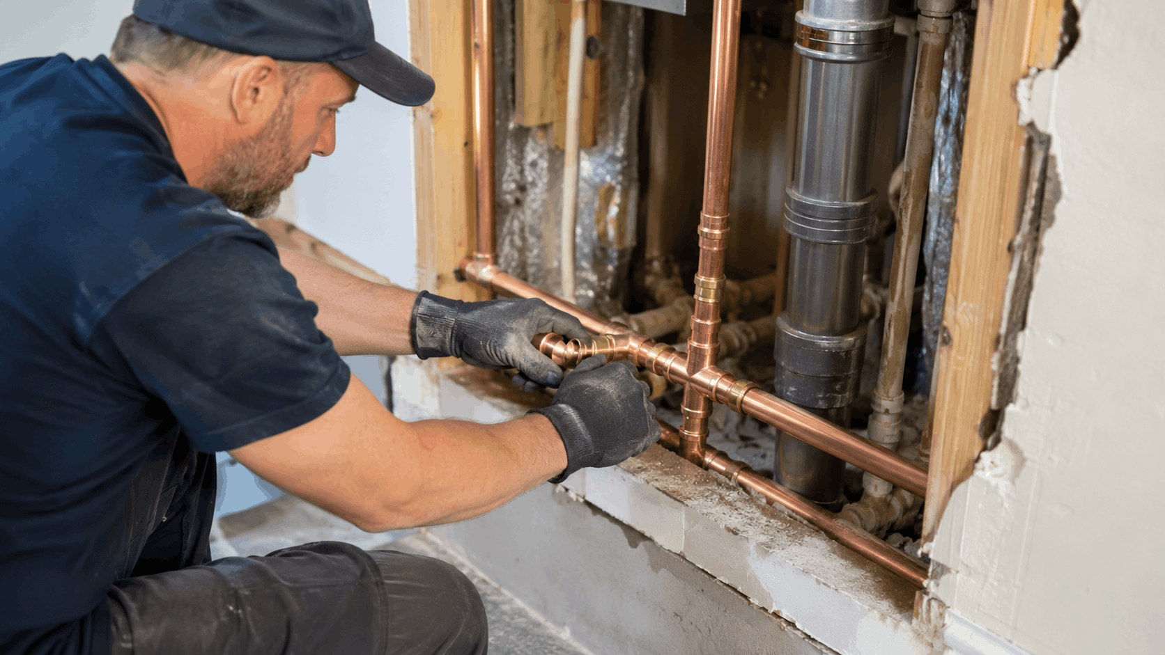 Licensed plumber installing copper pipe fittings inside open wall during Kitec replacement