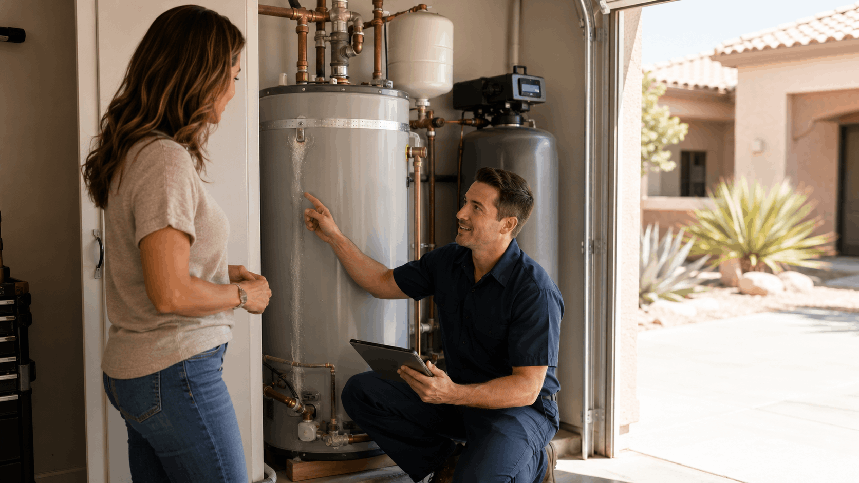 Plumber inspecting leaking water heater with homeowner in Las Vegas garage