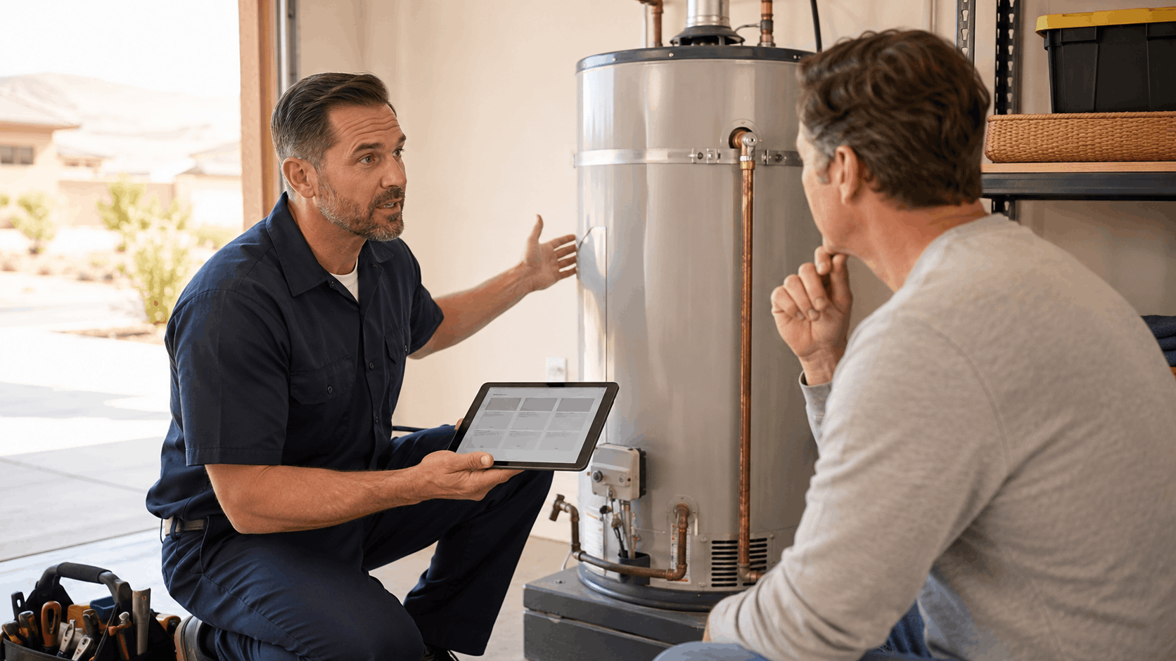 Plumber showing tablet to homeowner while explaining water heater repair costs