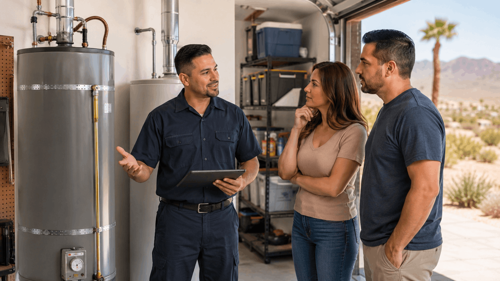 Plumber explaining water heater replacement costs to homeowners in Las Vegas garage