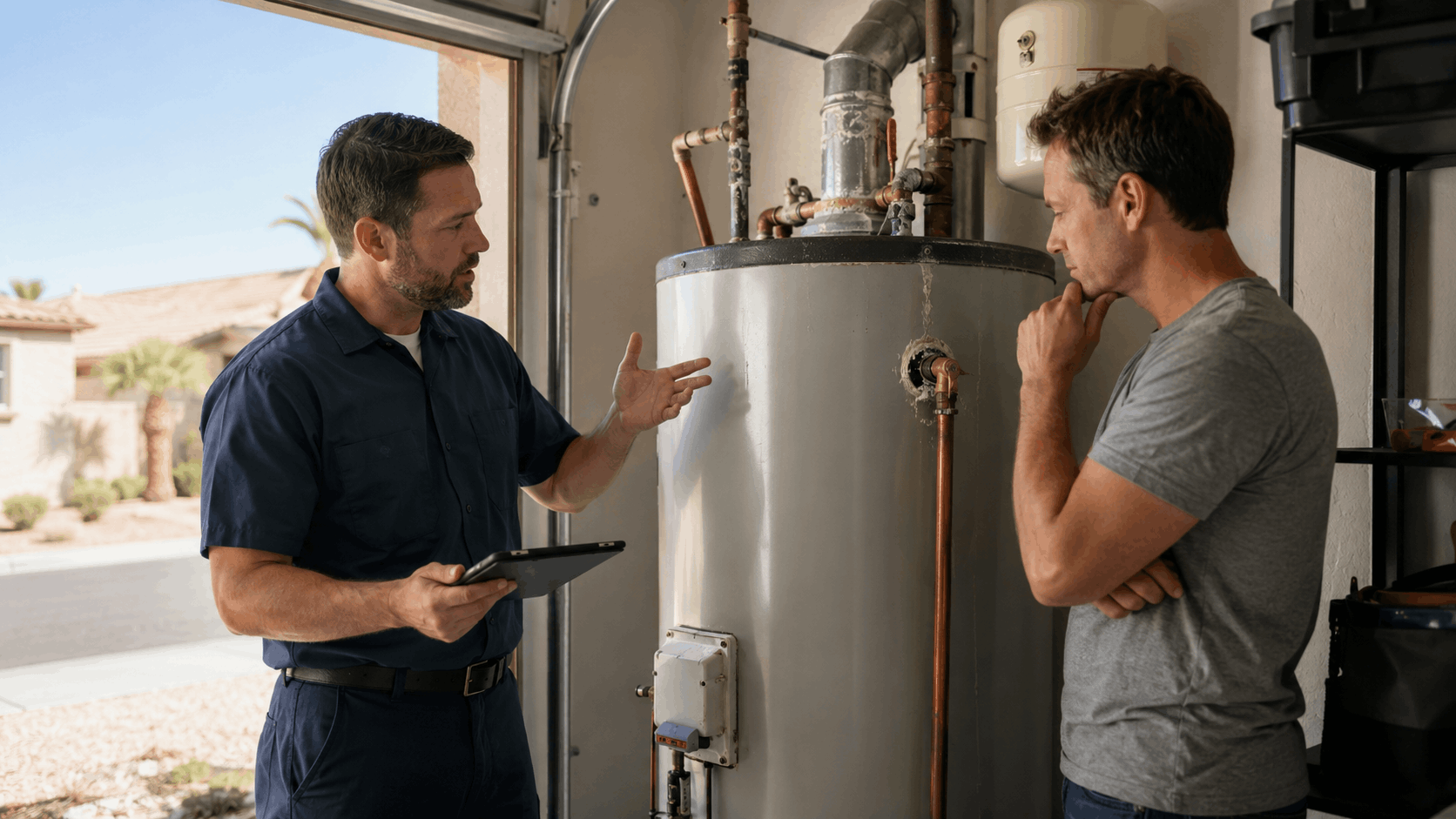 Plumber explaining water heater replacement costs to Las Vegas homeowner in garage