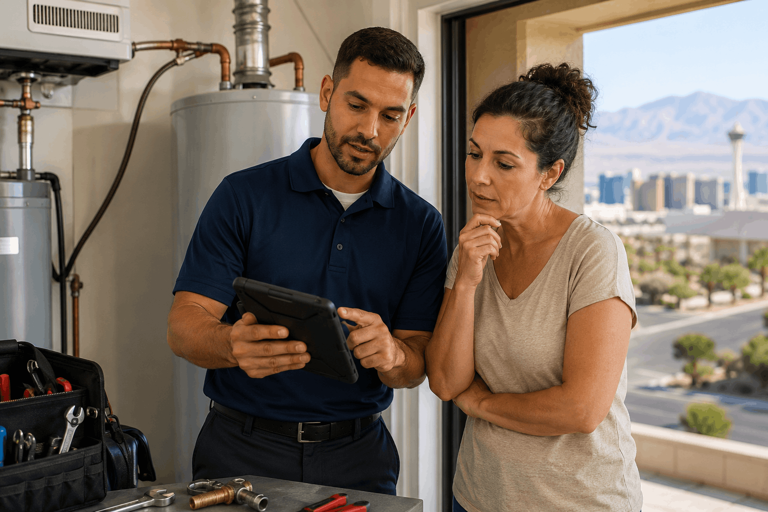 Active Plumbing technician showing Las Vegas homeowner water heater repair estimate on tablet