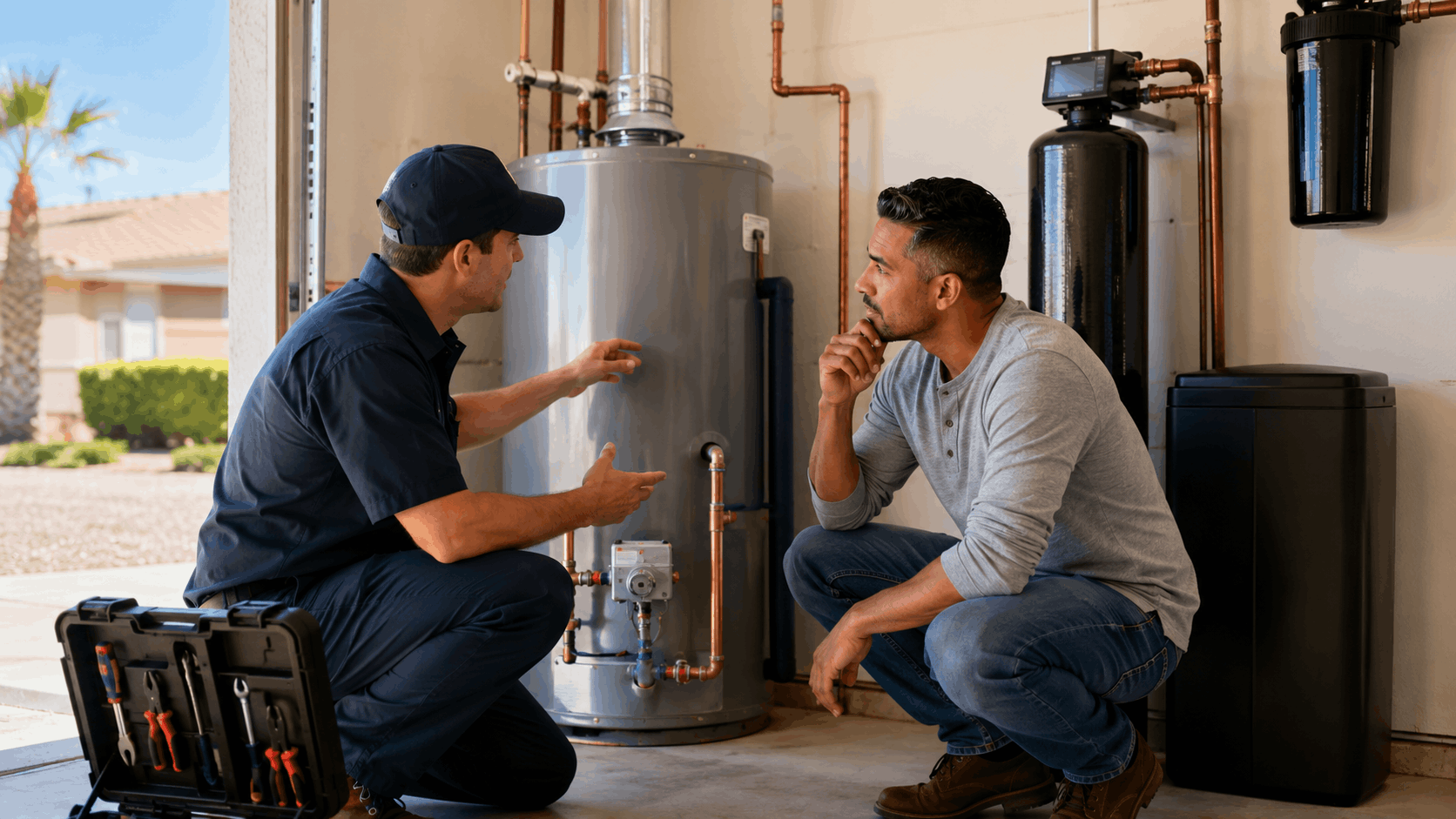 Plumber explaining water heater issue to Las Vegas homeowner in garage utility area