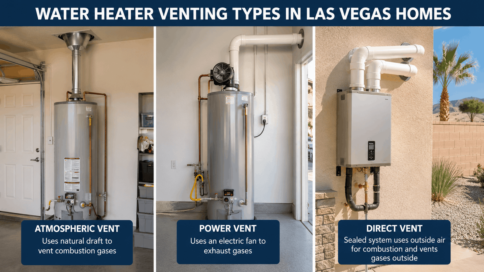 Three Las Vegas water heater venting types: atmospheric, power vent, and direct vent systems