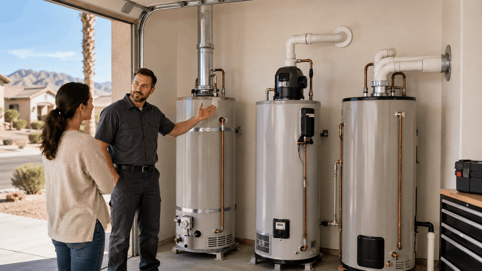 Plumber explaining power vent water heater options to homeowner in Las Vegas garage