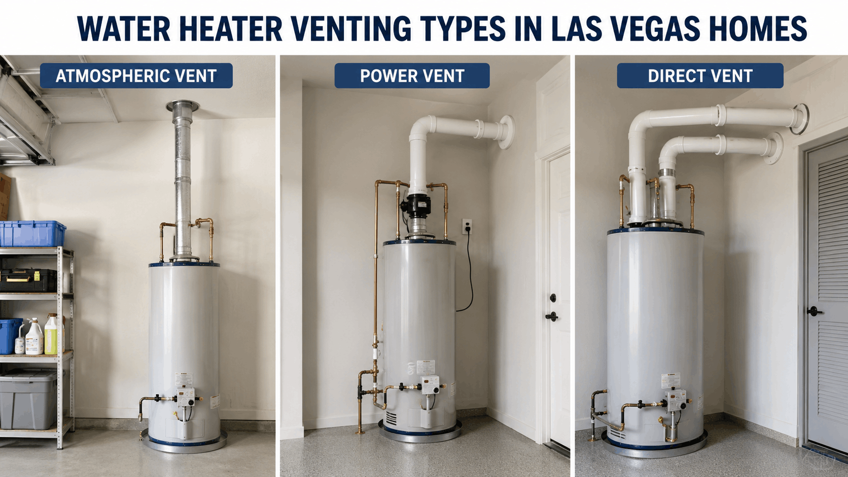 Three water heater venting types in Las Vegas homes: atmospheric, power, and direct vent