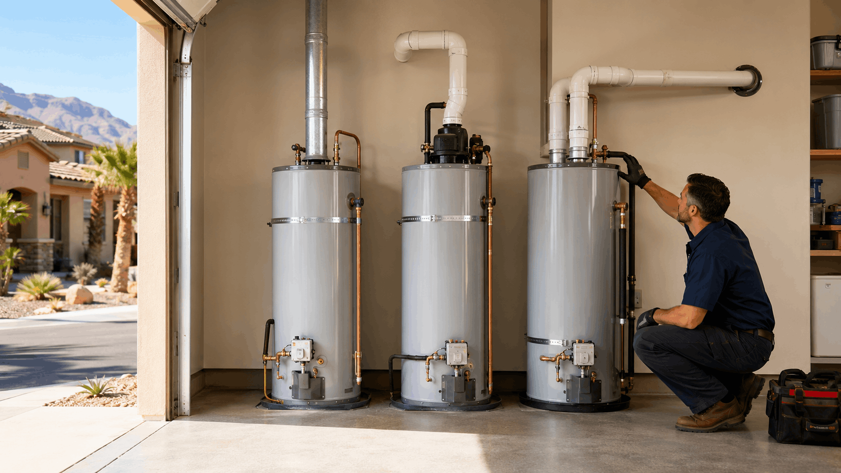 Plumber inspecting three gas water heaters with venting pipes in Las Vegas garage