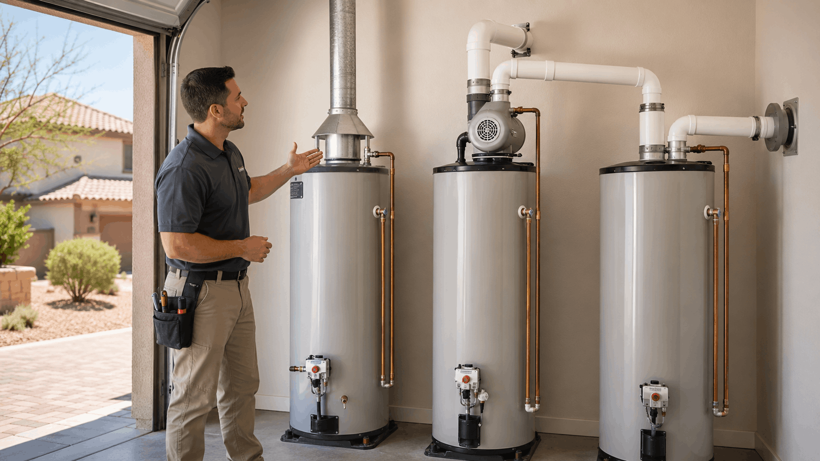 Las Vegas plumber explaining three water heater types in a garage setting