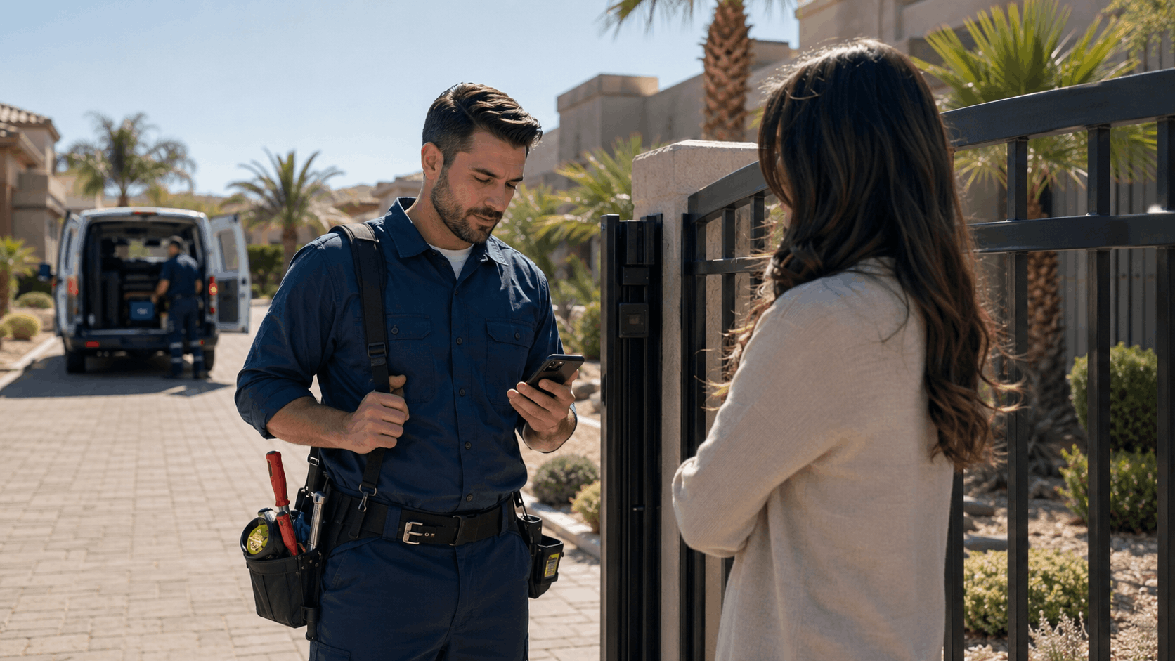 Plumber in blue uniform consulting smartphone with homeowner at residential gate in Las Vegas